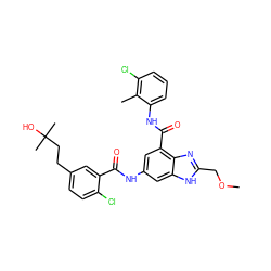 COCc1nc2c(C(=O)Nc3cccc(Cl)c3C)cc(NC(=O)c3cc(CCC(C)(C)O)ccc3Cl)cc2[nH]1 ZINC000205656976