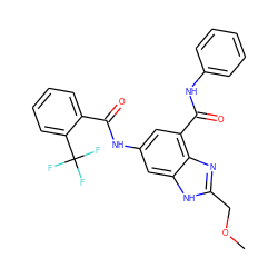 COCc1nc2c(C(=O)Nc3ccccc3)cc(NC(=O)c3ccccc3C(F)(F)F)cc2[nH]1 ZINC000205655556