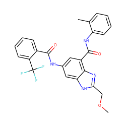 COCc1nc2c(C(=O)Nc3ccccc3C)cc(NC(=O)c3ccccc3C(F)(F)F)cc2[nH]1 ZINC000205654930