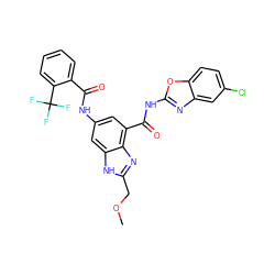 COCc1nc2c(C(=O)Nc3nc4cc(Cl)ccc4o3)cc(NC(=O)c3ccccc3C(F)(F)F)cc2[nH]1 ZINC000205657155