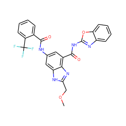 COCc1nc2c(C(=O)Nc3nc4ccccc4o3)cc(NC(=O)c3ccccc3C(F)(F)F)cc2[nH]1 ZINC000205657175