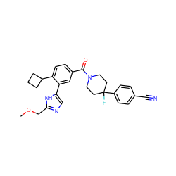 COCc1ncc(-c2cc(C(=O)N3CCC(F)(c4ccc(C#N)cc4)CC3)ccc2C2CCC2)[nH]1 ZINC000149359843