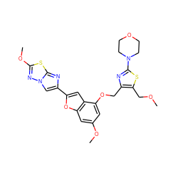 COCc1sc(N2CCOCC2)nc1COc1cc(OC)cc2oc(-c3cn4nc(OC)sc4n3)cc12 ZINC000205690168