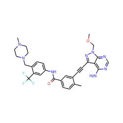 COCn1nc(C#Cc2cc(C(=O)Nc3ccc(CN4CCN(C)CC4)c(C(F)(F)F)c3)ccc2C)c2c(N)ncnc21 ZINC000299851599