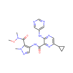 CON(C)C(=O)c1c(NC(=O)c2nc(C3CC3)cnc2Nc2cncnc2)cnn1C ZINC000169701942