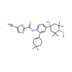 CON1C(C)(C)CC(O)(c2ccc(NC(=O)c3ncc(C#N)[nH]3)c(C3=CCC(C)(C)CC3)c2)CC1(C)C ZINC000201263845