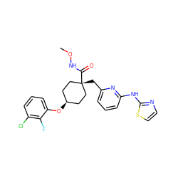 CONC(=O)[C@]1(Cc2cccc(Nc3nccs3)n2)CC[C@@H](Oc2cccc(Cl)c2F)CC1 ZINC001772573340