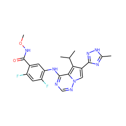 CONC(=O)c1cc(Nc2ncnn3cc(-c4n[nH]c(C)n4)c(C(C)C)c23)c(F)cc1F ZINC000013645306