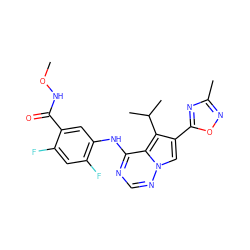 CONC(=O)c1cc(Nc2ncnn3cc(-c4nc(C)no4)c(C(C)C)c23)c(F)cc1F ZINC000013645300