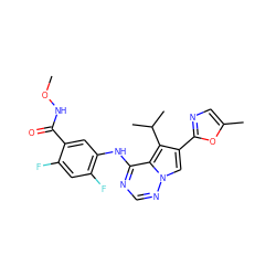 CONC(=O)c1cc(Nc2ncnn3cc(-c4ncc(C)o4)c(C(C)C)c23)c(F)cc1F ZINC000003938417