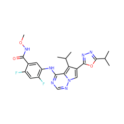 CONC(=O)c1cc(Nc2ncnn3cc(-c4nnc(C(C)C)o4)c(C(C)C)c23)c(F)cc1F ZINC000013645318