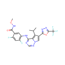 CONC(=O)c1cc(Nc2ncnn3cc(-c4nnc(C(F)(F)F)o4)c(C(C)C)c23)c(F)cc1F ZINC000013645332