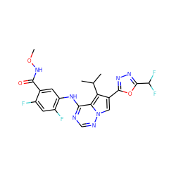 CONC(=O)c1cc(Nc2ncnn3cc(-c4nnc(C(F)F)o4)c(C(C)C)c23)c(F)cc1F ZINC000003938410