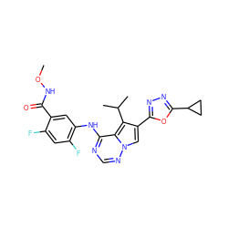 CONC(=O)c1cc(Nc2ncnn3cc(-c4nnc(C5CC5)o4)c(C(C)C)c23)c(F)cc1F ZINC000013645326