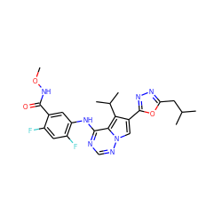 CONC(=O)c1cc(Nc2ncnn3cc(-c4nnc(CC(C)C)o4)c(C(C)C)c23)c(F)cc1F ZINC000013645322