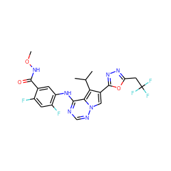 CONC(=O)c1cc(Nc2ncnn3cc(-c4nnc(CC(F)(F)F)o4)c(C(C)C)c23)c(F)cc1F ZINC000013645335