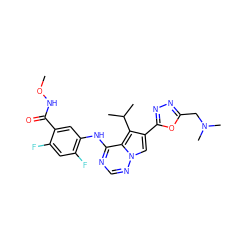 CONC(=O)c1cc(Nc2ncnn3cc(-c4nnc(CN(C)C)o4)c(C(C)C)c23)c(F)cc1F ZINC000013645338