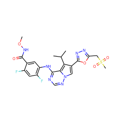 CONC(=O)c1cc(Nc2ncnn3cc(-c4nnc(CS(C)(=O)=O)o4)c(C(C)C)c23)c(F)cc1F ZINC000003938412