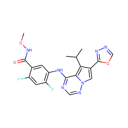 CONC(=O)c1cc(Nc2ncnn3cc(-c4nnco4)c(C(C)C)c23)c(F)cc1F ZINC000013645309