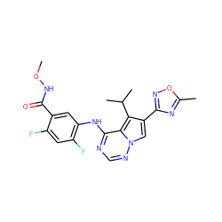 CONC(=O)c1cc(Nc2ncnn3cc(-c4noc(C)n4)c(C(C)C)c23)c(F)cc1F ZINC000003938419