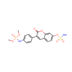 COP(=O)(Nc1ccc(-c2cc3ccc(OS(N)(=O)=O)cc3oc2=O)cc1)OC ZINC000653876716