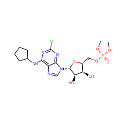 COP(=O)(OC)OC[C@H]1O[C@@H](n2cnc3c(NC4CCCC4)nc(Cl)nc32)[C@H](O)[C@@H]1O ZINC000095555714