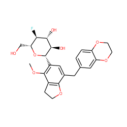 COc1c([C@@H]2O[C@H](CO)[C@@H](F)[C@H](O)[C@H]2O)cc(Cc2ccc3c(c2)OCCO3)c2c1CCO2 ZINC001772820580