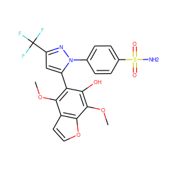 COc1c(-c2cc(C(F)(F)F)nn2-c2ccc(S(N)(=O)=O)cc2)c(O)c(OC)c2occc12 ZINC000103257053