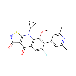 COc1c(-c2cc(C)nc(C)c2)c(F)cc2c(=O)c3c(=O)[nH]sc3n(C3CC3)c12 ZINC000035090205