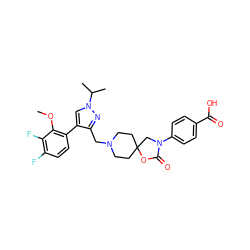 COc1c(-c2cn(C(C)C)nc2CN2CCC3(CC2)CN(c2ccc(C(=O)O)cc2)C(=O)O3)ccc(F)c1F ZINC000144655207