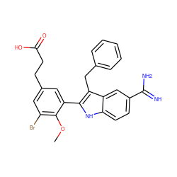 COc1c(Br)cc(CCC(=O)O)cc1-c1[nH]c2ccc(C(=N)N)cc2c1Cc1ccccc1 ZINC000029472985