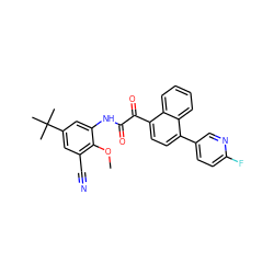 COc1c(C#N)cc(C(C)(C)C)cc1NC(=O)C(=O)c1ccc(-c2ccc(F)nc2)c2ccccc12 ZINC000058538306