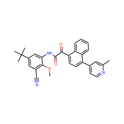 COc1c(C#N)cc(C(C)(C)C)cc1NC(=O)C(=O)c1ccc(-c2ccnc(C)c2)c2ccccc12 ZINC000058534836