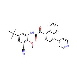 COc1c(C#N)cc(C(C)(C)C)cc1NC(=O)C(=O)c1ccc(-c2ccncc2)c2ccccc12 ZINC000058540828