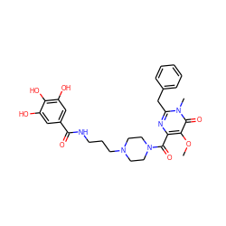 COc1c(C(=O)N2CCN(CCCNC(=O)c3cc(O)c(O)c(O)c3)CC2)nc(Cc2ccccc2)n(C)c1=O ZINC000299857196