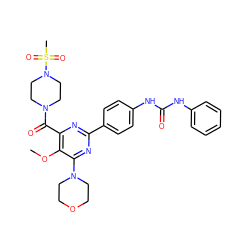 COc1c(C(=O)N2CCN(S(C)(=O)=O)CC2)nc(-c2ccc(NC(=O)Nc3ccccc3)cc2)nc1N1CCOCC1 ZINC000144155054