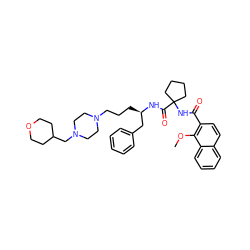 COc1c(C(=O)NC2(C(=O)N[C@H](CCCN3CCN(CC4CCOCC4)CC3)Cc3ccccc3)CCCC2)ccc2ccccc12 ZINC000066074210