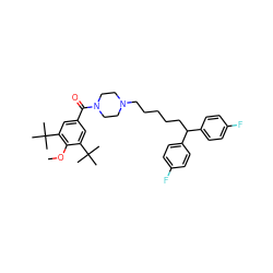 COc1c(C(C)(C)C)cc(C(=O)N2CCN(CCCCCC(c3ccc(F)cc3)c3ccc(F)cc3)CC2)cc1C(C)(C)C ZINC000084668474