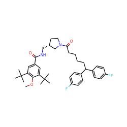 COc1c(C(C)(C)C)cc(C(=O)NC[C@@H]2CCN(C(=O)CCCCC(c3ccc(F)cc3)c3ccc(F)cc3)C2)cc1C(C)(C)C ZINC000006717449