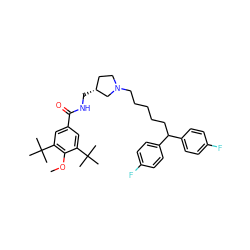 COc1c(C(C)(C)C)cc(C(=O)NC[C@@H]2CCN(CCCCCC(c3ccc(F)cc3)c3ccc(F)cc3)C2)cc1C(C)(C)C ZINC000084669046