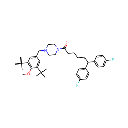 COc1c(C(C)(C)C)cc(CN2CCN(C(=O)CCCCC(c3ccc(F)cc3)c3ccc(F)cc3)CC2)cc1C(C)(C)C ZINC000084668475