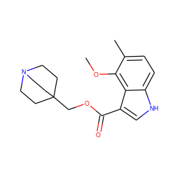 COc1c(C)ccc2[nH]cc(C(=O)OCC34CCN(CC3)CC4)c12 ZINC001772619310