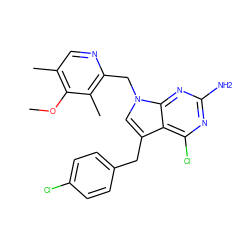 COc1c(C)cnc(Cn2cc(Cc3ccc(Cl)cc3)c3c(Cl)nc(N)nc32)c1C ZINC001772588425