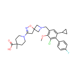 COc1c(CN2CC3(CC(N4CCC(C)(C(=O)O)CC4)=NO3)C2)cc(C2CC2)c(-c2ccc(F)cc2)c1Cl ZINC000222177514