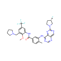 COc1c(CN2CCCC2)cc(C(F)(F)F)cc1NC(=O)c1ccc(C)c(Nc2ncnc3cnc(N4CC[C@H](F)C4)nc23)c1 ZINC000148346357