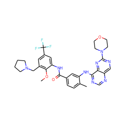 COc1c(CN2CCCC2)cc(C(F)(F)F)cc1NC(=O)c1ccc(C)c(Nc2ncnc3cnc(N4CCOCC4)nc23)c1 ZINC000148346181