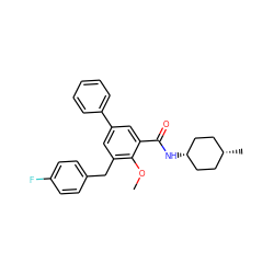 COc1c(Cc2ccc(F)cc2)cc(-c2ccccc2)cc1C(=O)N[C@H]1CC[C@@H](C)CC1 ZINC000653848794