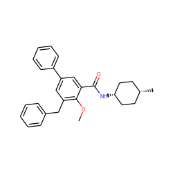 COc1c(Cc2ccccc2)cc(-c2ccccc2)cc1C(=O)N[C@H]1CC[C@@H](C)CC1 ZINC000653842834