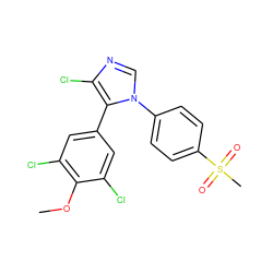 COc1c(Cl)cc(-c2c(Cl)ncn2-c2ccc(S(C)(=O)=O)cc2)cc1Cl ZINC000000592940