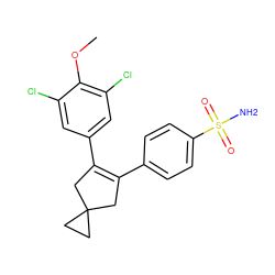 COc1c(Cl)cc(C2=C(c3ccc(S(N)(=O)=O)cc3)CC3(CC3)C2)cc1Cl ZINC000013745550